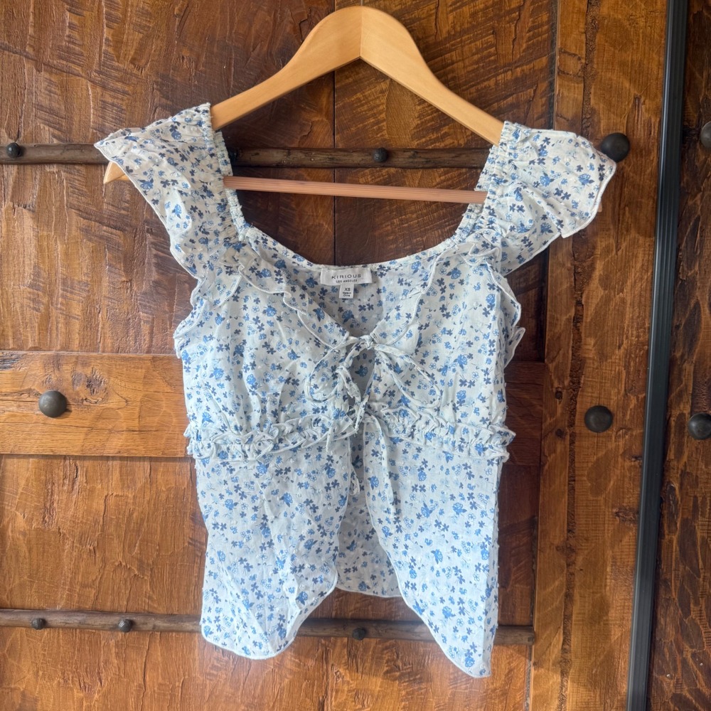 Kirious Floral Tie Front Top Womens XS Blue White Ruffle Clip Dot Cotton Blouse